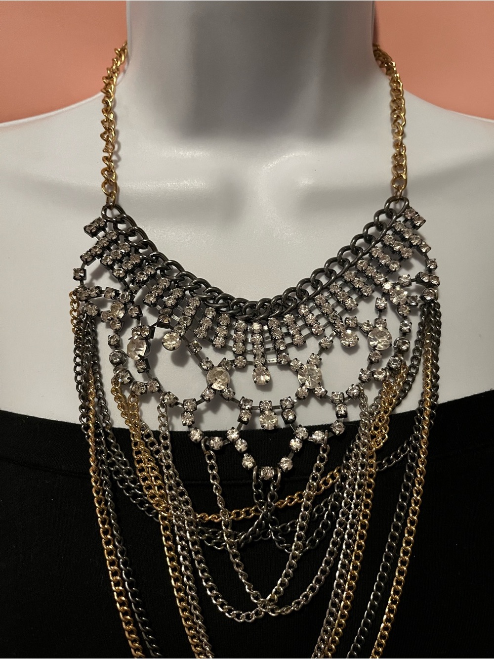 Multi-Row Crystal Statement Necklace in Gold and Silver